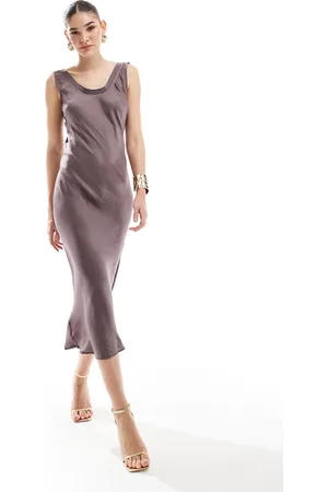 ASOS Vestito sottoveste midi malva con scollo a coste e taglio sbieco