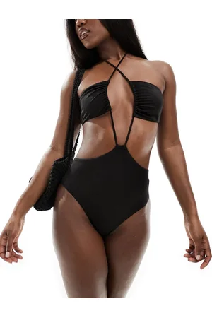 Monki Costume da bagno a fascia allacciato al collo con cut-out