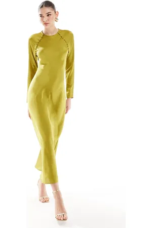 ASOS Vestito lungo asimmetrico in raso con bottoni color chartreuse