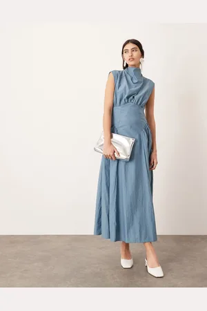 ASOS Vestito midi senza maniche blu crepuscolare stretto in vita