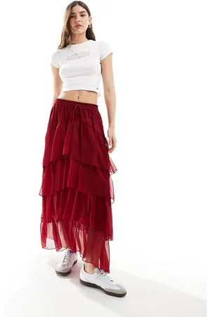 Miss Selfridge Gonna lunga a balze in chiffon rossa