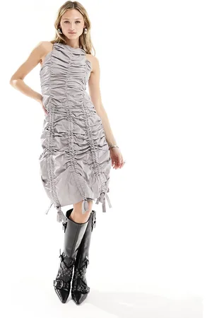 Amy Lynn Erin - Vestito corto grigio regolabile con fiocchi e volant