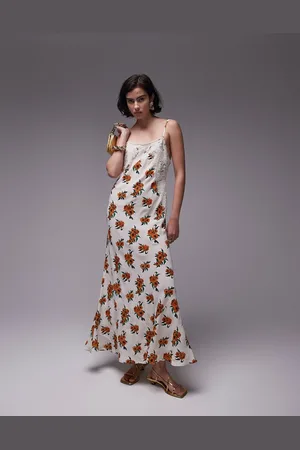 Topshop Vestito sottoveste premium lungo bianco e a fiori e in pizzo