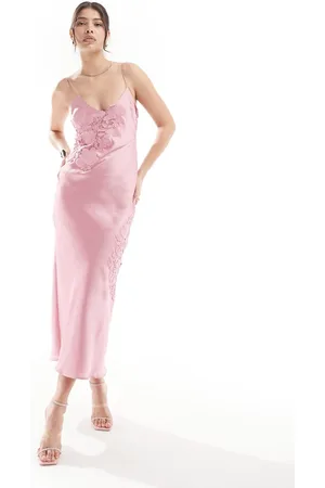 ASOS Vestito midi in raso rosa con applicazione in pizzo e spalline sottili