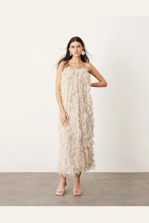 ASOS Vestito midi a fascia color pietra testurizzato allacciato al collo