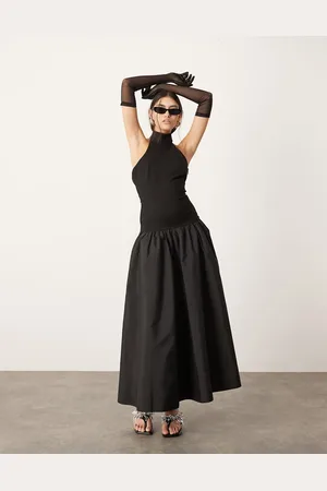 ASOS Vestito lungo allacciato al collo con tessuto a contrasto e vita scesa