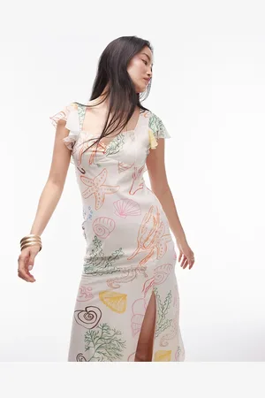 Topshop Vestito midi da cerimonia con stampa marina e maniche con volant
