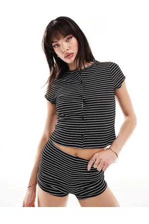 Miss Selfridge Cardigan a maniche corte a coste nero e bianco a righe in coordinato