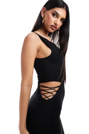 ASOS Vestito midi a spalle scoperte con cut-out laterale con laccetti a griglia