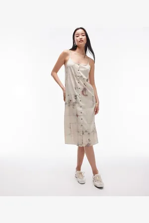 Topshop Vestito con spalline sottili al ginocchio a quadri effetto candeggiato con bottoni