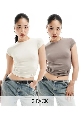 Bershka Confezione da 2 T-shirt corte color crema e kaki con arricciatura laterale