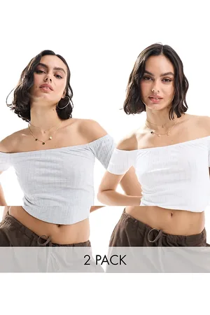 Miss Selfridge Top a maniche corte bianca e grigio mélange a coste