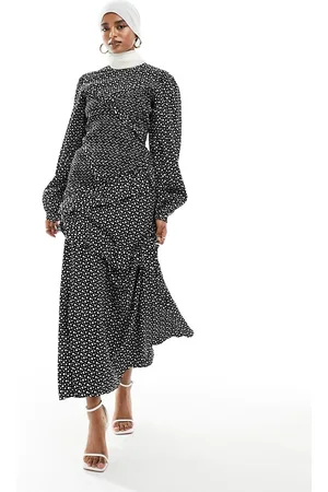 ASOS Vestito lungo asimmetrico con volant, dettaglio arricciato e stampa a pois