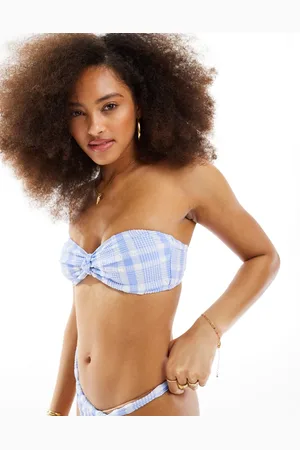 Miss Selfridge Top bikini a fascia blu a quadri testurizzato