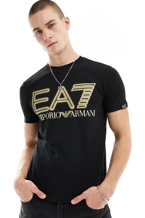 EA7 Armani - - T-shirt nera con logo grande dorato sul petto