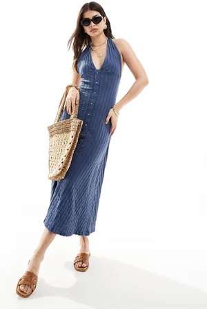 ASOS Vestito midi denim allacciato al collo con bottoni sul davanti