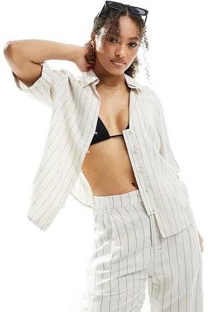 Lindex Edda - Camicia da mare squadrata beige a righe in misto lino in coordinato