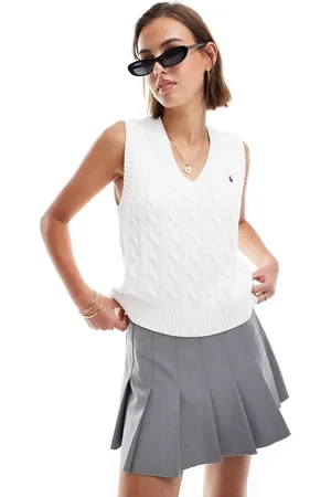 Ralph Lauren Canotta in maglia a trecce bianca con scollo a V