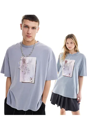 COLLUSION Unisex - T-shirt slavato con stampa floreale fotografica ricamata