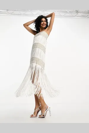 ASOS Vestito midi a fascia color avorio decorato con frange