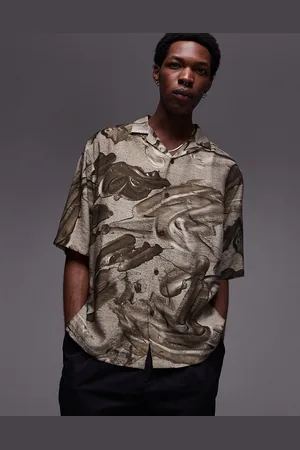 Topman Camicia comoda a maniche corte marrone con stampa metallica