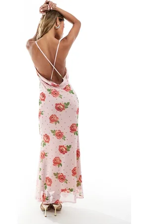 ASOS Vestito lungo con spalline sottili rosa a pois con stampa di rose