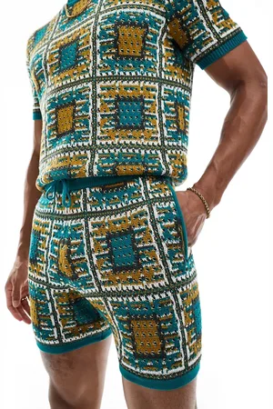 ASOS Pantaloncini in maglia blu con motivo patchwork in coordinato