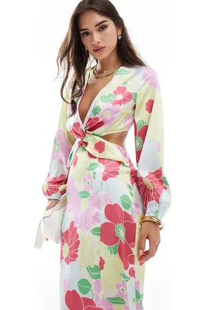 Y.A.S Vestito al polpaccio in raso con stampa floreale rétro rosa con cut-out