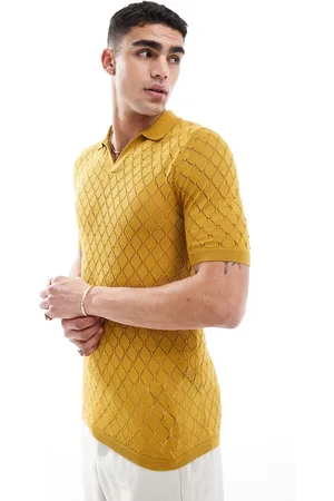 ASOS Polo a maniche corte in maglia senape testurizzata a rombi