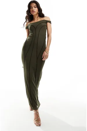 ASOS Vestito lungo kaki con scollo alla Bardot e cuciture a vista a contrasto