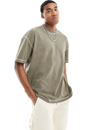 ASOS T-shirt oversize pesante lavaggio kaki con cuciture a contrasto