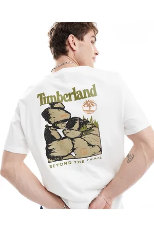 Timberland T-shirt oversize bianca con stampa grande di rocce sul retro