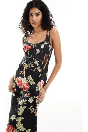 ASOS Vestito midi con corsetto in misto raso e pizzo nero a fiori