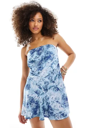 ASOS Vestito corto a fascia blu a fiori con taglio sbieco asimmetrico