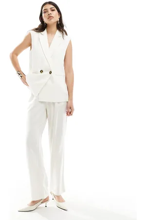 ONLY Pantaloni a vita alta dritti in misto lino color crema in coordinato