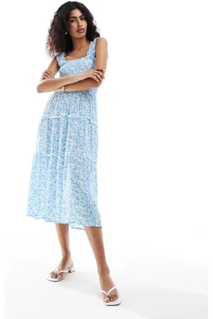 VERO MODA Vestito midi con spalline sottili arricciato azzurro a fiori