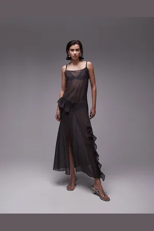 Topshop Vestito trasparente lungo antracite con volant