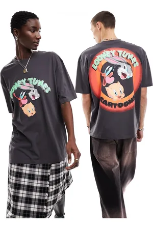 ASOS T-shirt oversize unisex antracite con grafica "Looney Tunes" su licenza sul retro