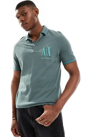 Armani Exchange Polo in piqué scuro con righe a contrasto sui bordi e logo grande