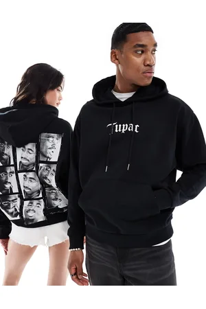 ASOS Felpa con cappuccio oversize unisex nera con stampe "Tupac" su licenza