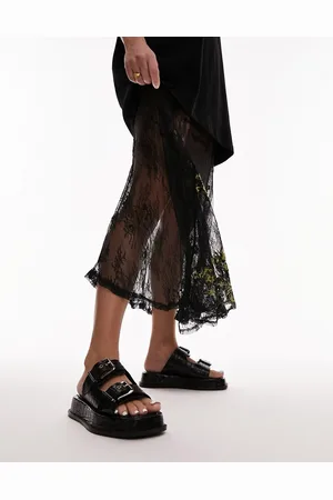 Topshop Katie - Sandali in pelle nera effetto coccodrillo con suola spessa