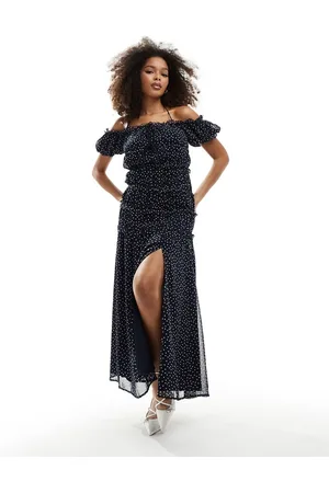ASOS Vestito lungo a pois con vita arricciata e scollo alla Bardot