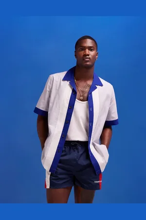 ASOS Camicia a maniche corte effetto lino color block con colletto a rever in coordinato