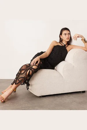 ASOS Vestito midi nero allacciato al collo con dettaglio astratto ricamato