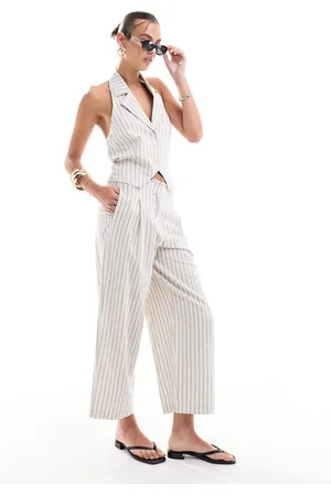 ASOS Pantaloni a cilindro in misto lino a righe con bordo grezzo