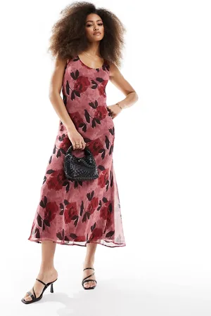 ASOS Vestito sottoveste midi in chiffon rosa con stampa a fiori e scollo rotondo