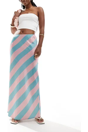 ASOS Gonna lunga taglio sbieco in raso a righe rosa e blu