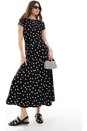 ASOS Vestito lungo a maniche corte scollato sul retro e bianco a pois