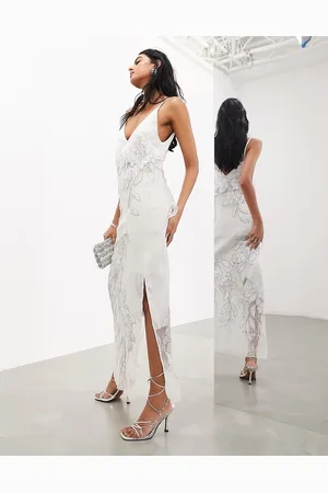 ASOS Gonna lunga argento ricamata con pannello in pizzo in coordinato