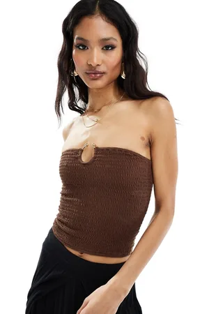 ASOS Top a fascia arricciato color cioccolato con dettaglio ad anello